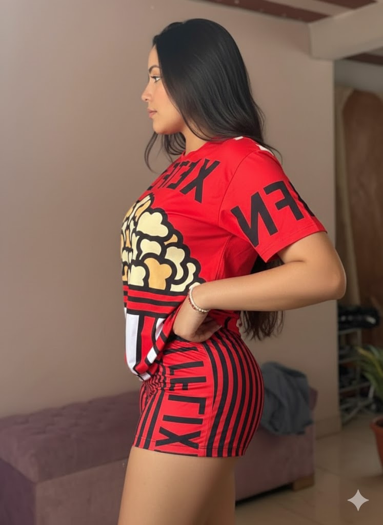 Women’s Movie Night Pajama Set – 2-Piece Short Sleepwear: Popcorn & Netflix Inspired Print – Ultra-Soft "Peach Skin" Fabric – Red and Black Graphic Lounge Set