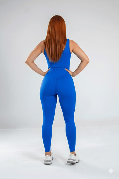 Electric Blue Performance Jumpsuit – One-Piece Sculpting Bodysuit with Front Cut-Out & Deep V-Neck – High-Compression Pro-Fitness Wear