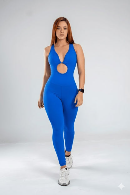 Electric Blue Performance Jumpsuit – One-Piece Sculpting Bodysuit with Front Cut-Out & Deep V-Neck – High-Compression Pro-Fitness Wear