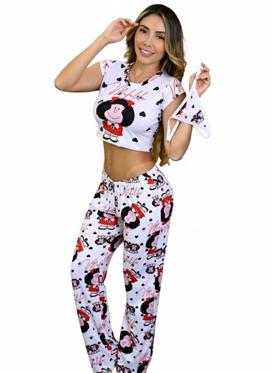 Women’s Mafalda Print Pajama Set | Modern Sleepwear with Crop Top & Long Pants | Soft and Comfortable Fabric