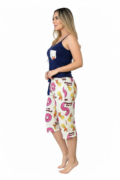 Women’s Pajama Set with Navy Blue Tank Top & Cream Shorts | Soft Fabric | Modern Cartoon-Inspired Print Sleepwear