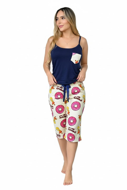 Women’s Pajama Set with Navy Blue Tank Top & Cream Shorts | Soft Fabric | Modern Cartoon-Inspired Print Sleepwear