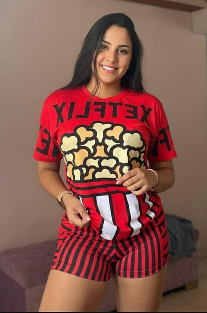 Women’s Movie Night Pajama Set – 2-Piece Short Sleepwear: Popcorn & Netflix Inspired Print – Ultra-Soft "Peach Skin" Fabric – Red and Black Graphic Lounge Set