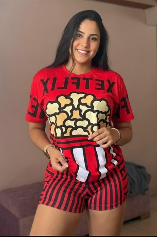 Women’s Movie Night Pajama Set – 2-Piece Short Sleepwear: Popcorn & Netflix Inspired Print – Ultra-Soft "Peach Skin" Fabric – Red and Black Graphic Lounge Set