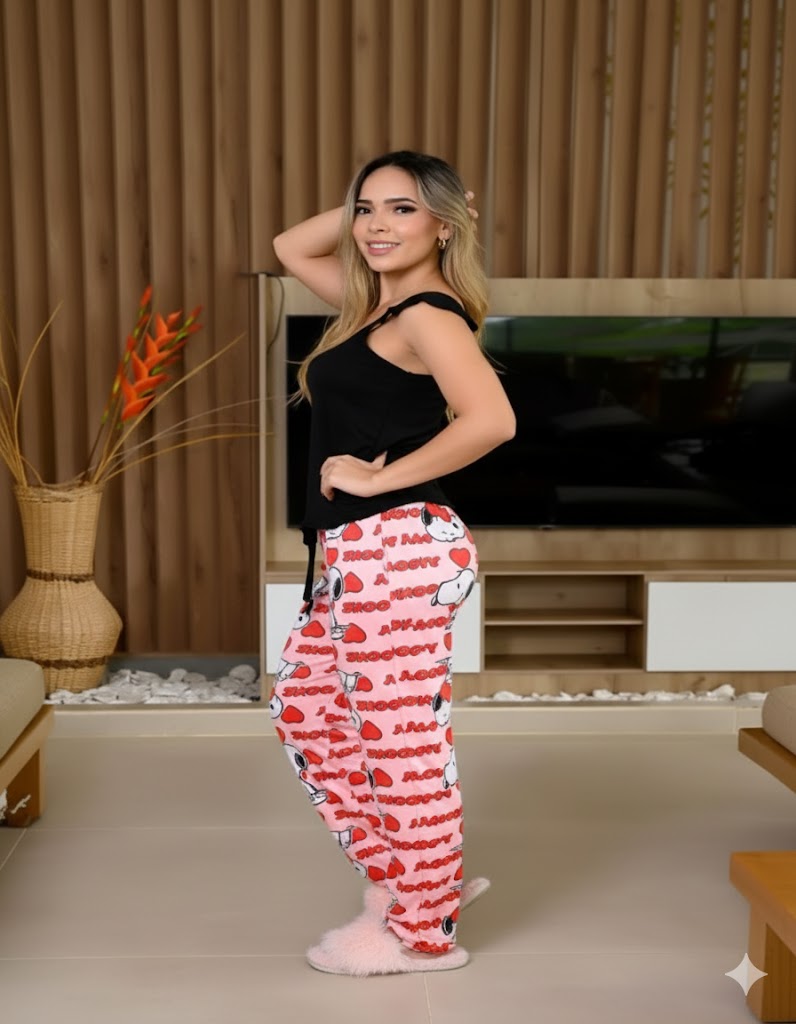 Women’s Snoopy Pajama Set – 2-Piece Sleepwear: Ruffle Strap Tank Top and Heart Print Long Pants – Ultra-Soft "Peach Skin" Fabric – Adhara Collection