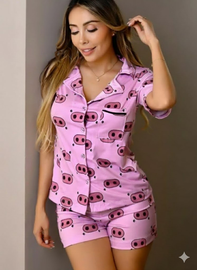 Women’s Piggy Print Pajama Set – 2-Piece Short Sleepwear: Button-Down Shirt and Shorts – Ultra-Soft "Peach Skin" Fabric – Pink Cartoon Animal Pattern Lounge Set