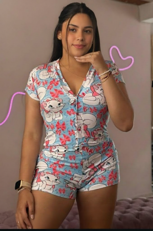 Women’s Marie Cat Pajama Set – 2-Piece Short Sleepwear: V-Neck Button-Up Romper Style – Ultra-Soft "Peach Skin" Fabric – Blue Aristocats Inspired Lounge Set