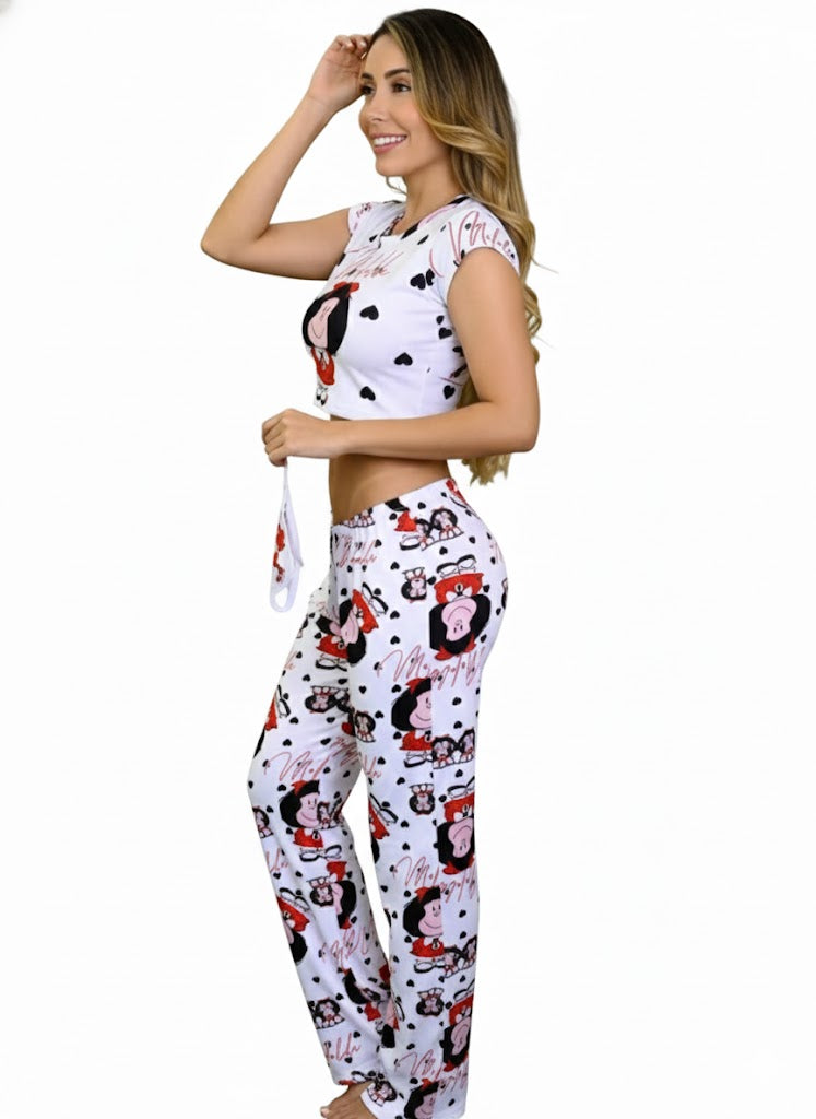 Women’s Mafalda Print Pajama Set | Modern Sleepwear with Crop Top & Long Pants | Soft and Comfortable Fabric